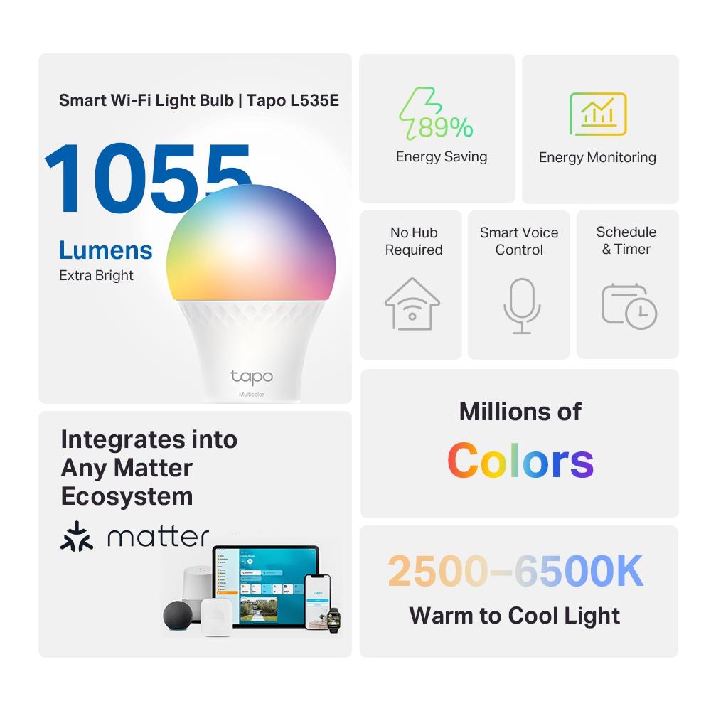 Smart Light Bulb|TP-LINK|Power consumption 8.6 Watts|Luminous flux 1055 Lumen|6500 K|240V|Beam angle 220 degrees|TAPOL535E