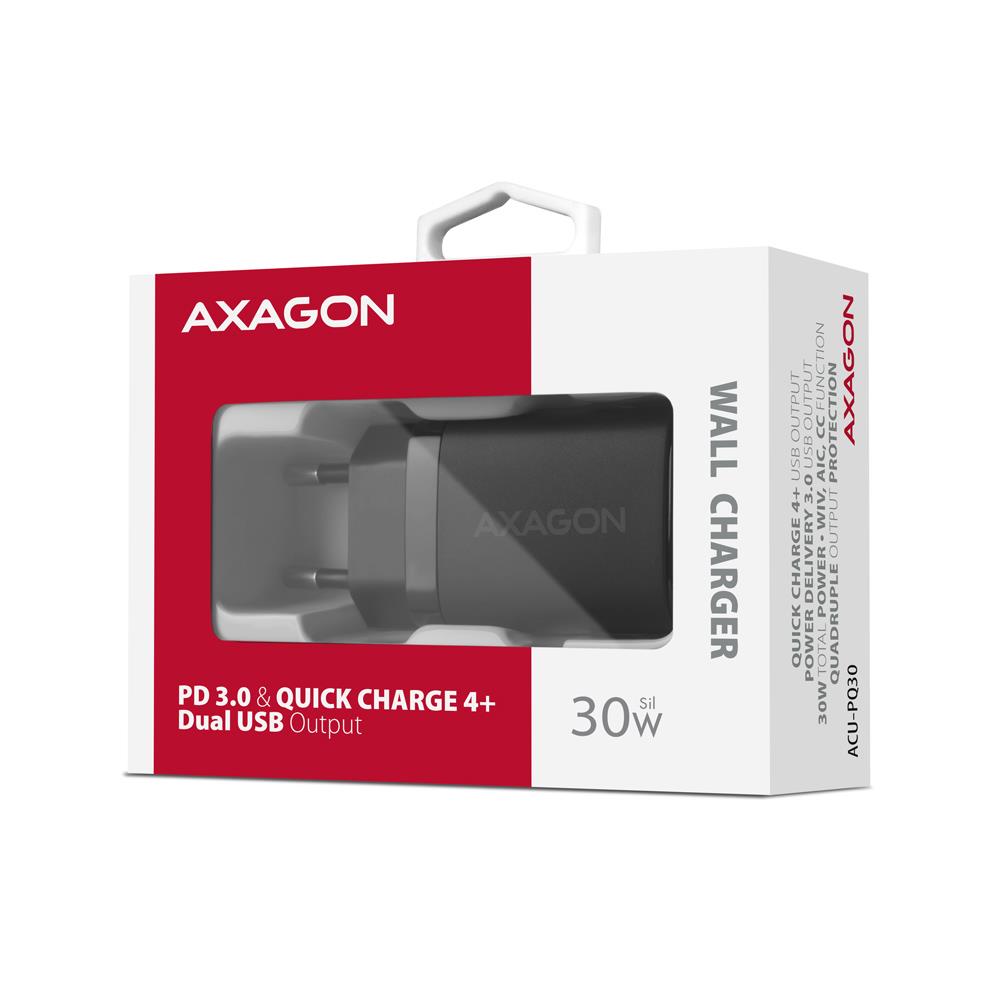 MOBILE CHARGER WALL USB 30W/2PORT BLACK ACU-PQ30 AXAGON