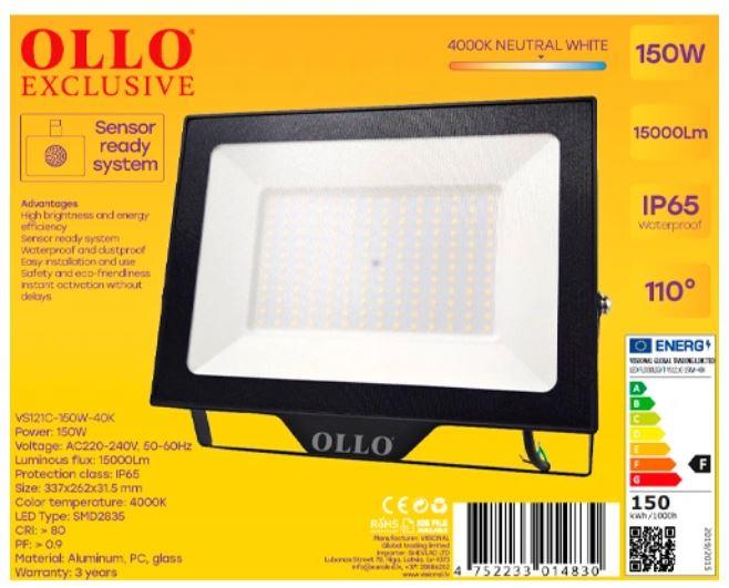 Lamp|OLLO|Power consumption 150 Watts|Luminous flux 15000 Lumen|4000 K|AC220-240V|Beam angle 110 degrees|VS121C-150W-40K