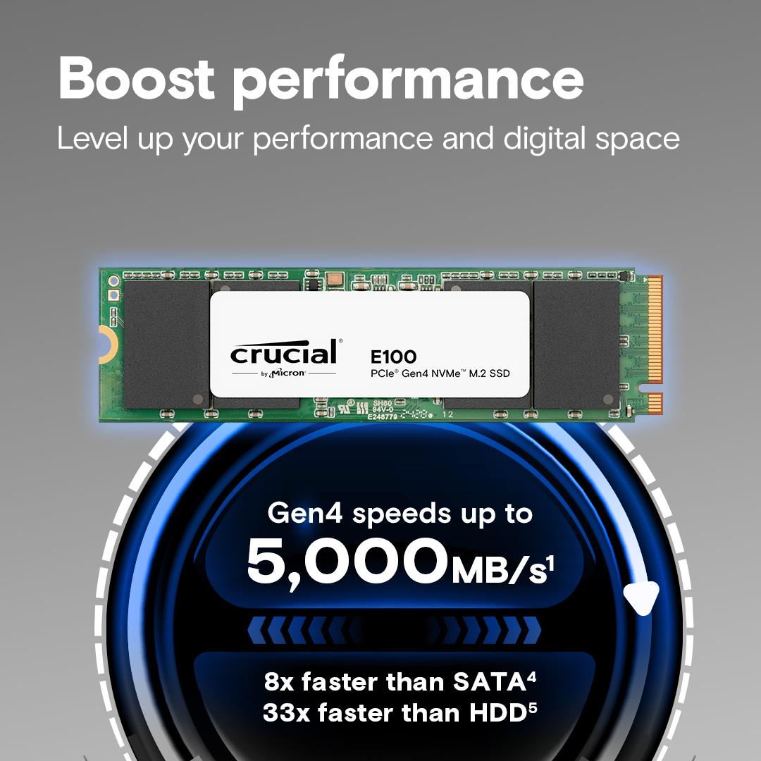 SSD|CRUCIAL|E100|2TB|M.2|NVMe|Write speed 4500 MBytes/sec|Read speed 500...