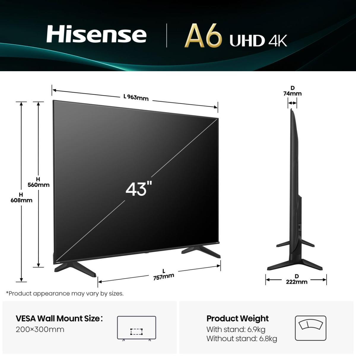 TV Set|HISENSE|43 “|4K Ultra HD|3840 x 2160 pixels|Flat|16:9|LED|4...