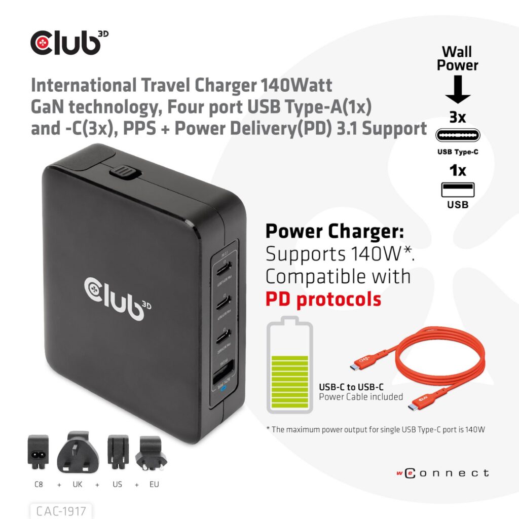 MOBILE TRAVEL CHARGER USB-C/140W GAN CAC-1917 CLUB3D