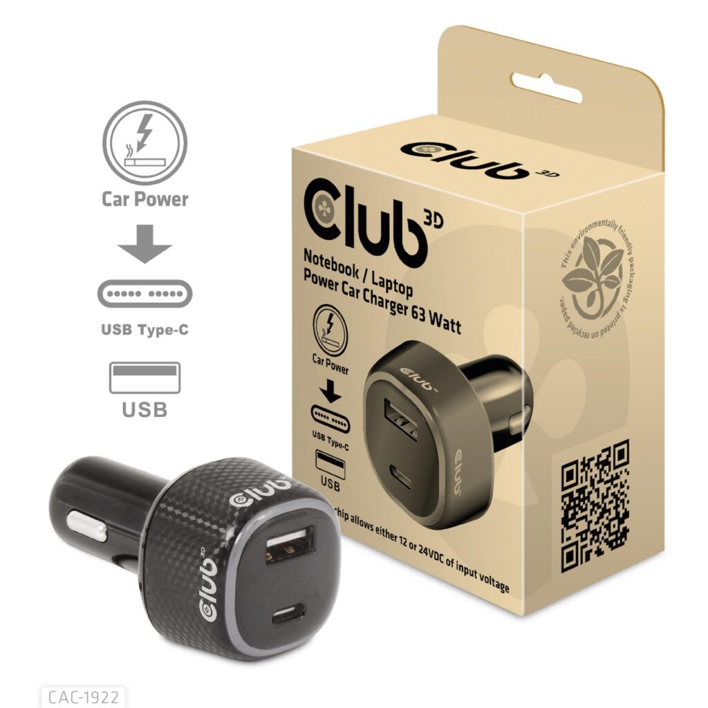NB CHARGER AUTO USB+USB-C/63W CAC-1922 CLUB3D